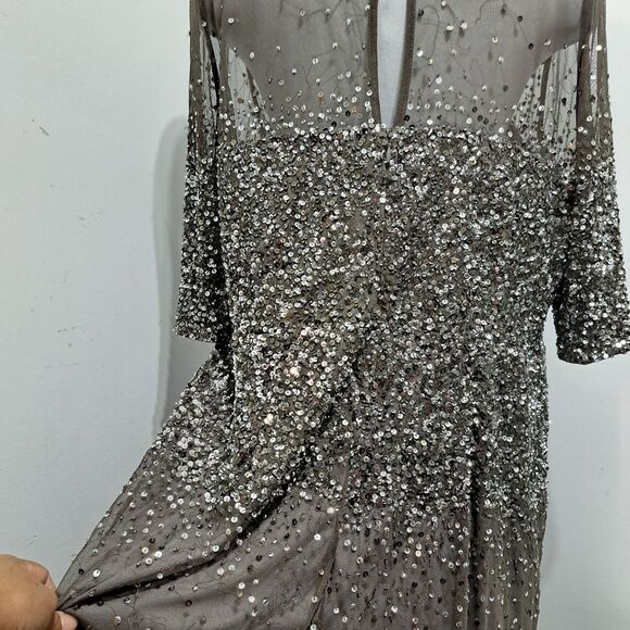 Adrianna Papell Beaded Illussion  Party Gothic Boho Maxi Gown Size 22W Lead/Gray - Picture 10 of 14
